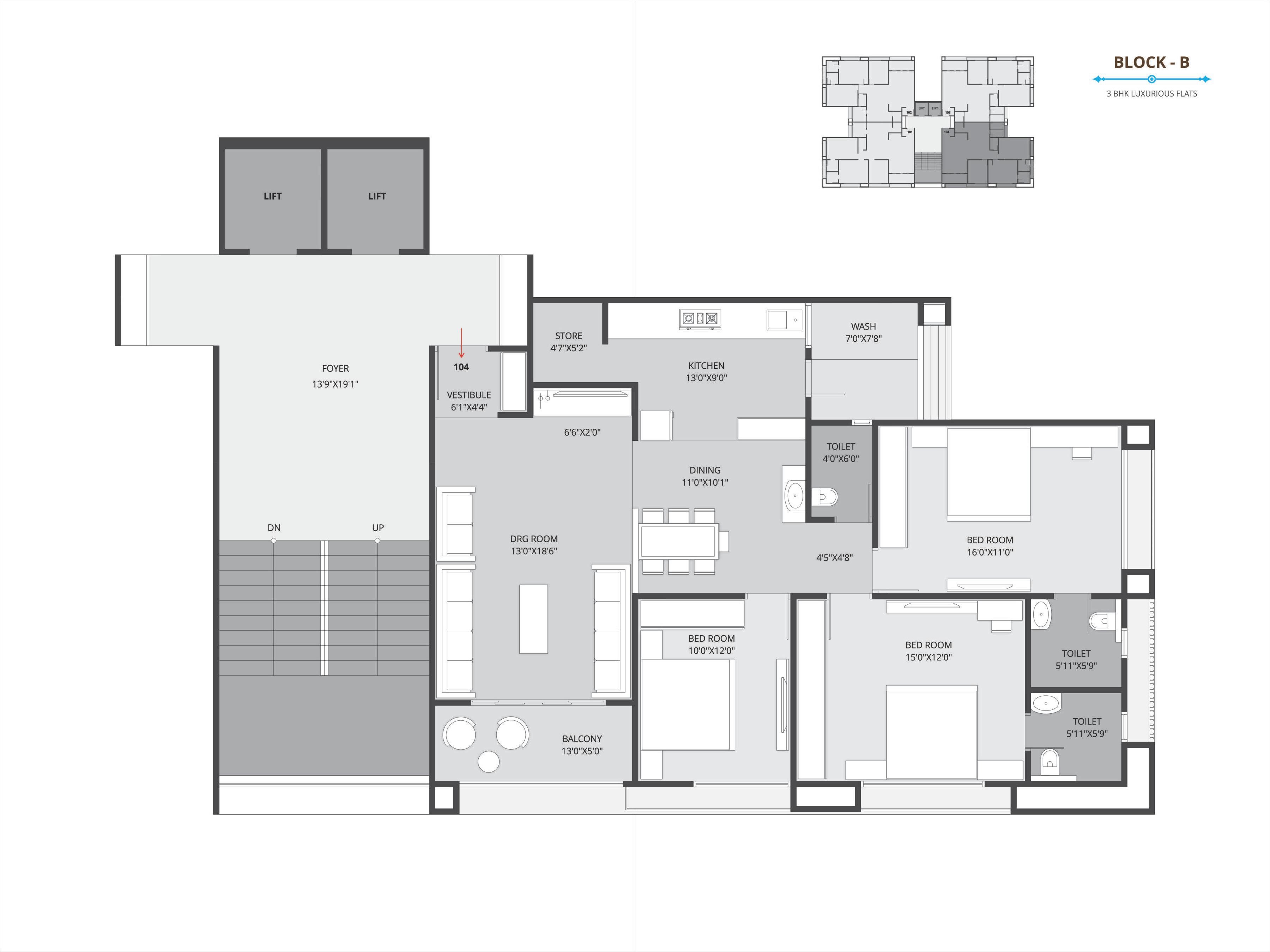 Floor plan of 3 BHK 1350 Sq. Ft. Apartment in Param Pushkar Laxmi Sky, Ahmedabad