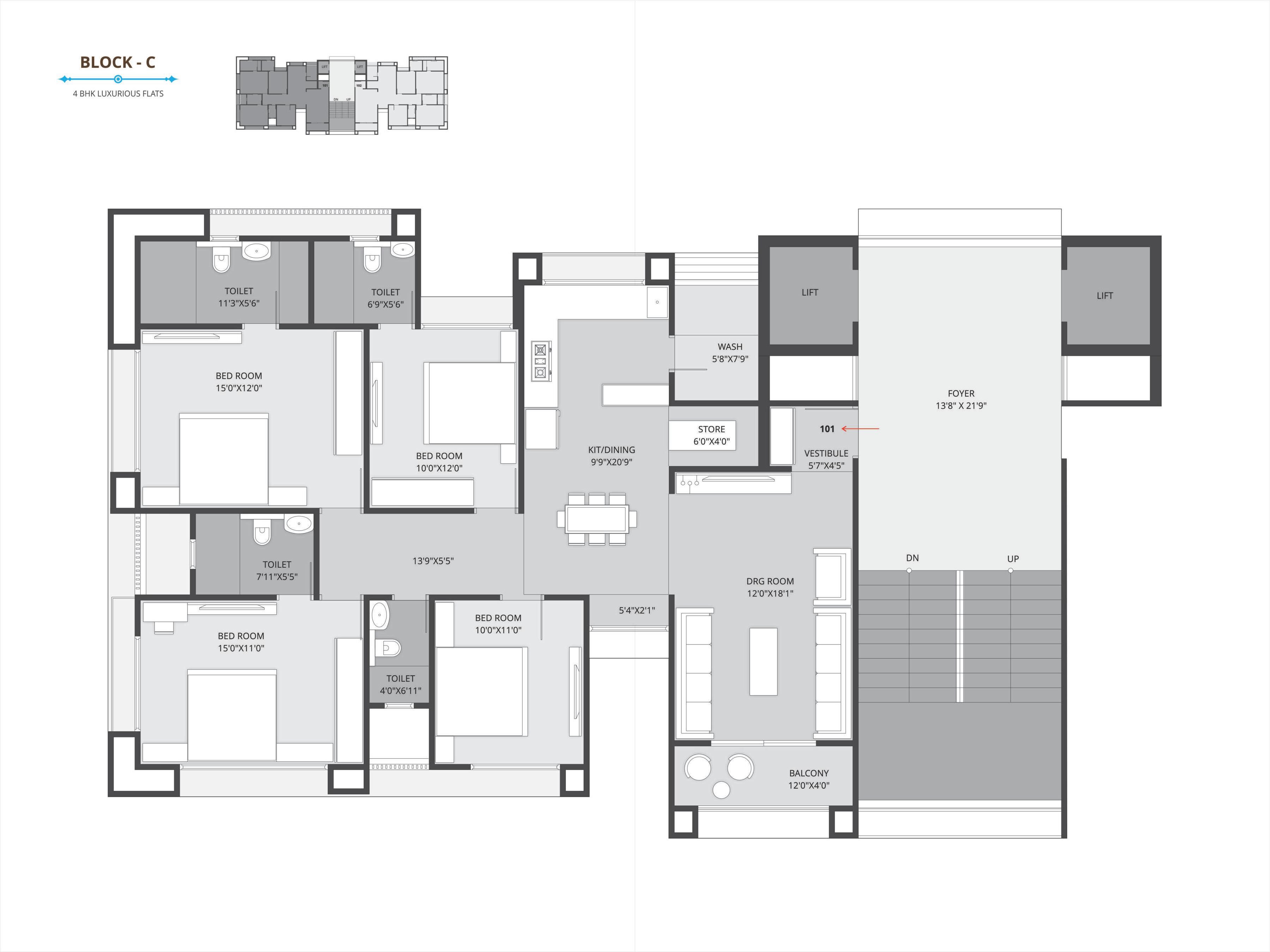 Floor plan of 4 BHK 1530 Sq. Ft. Apartment in Param Pushkar Laxmi Sky, Ahmedabad