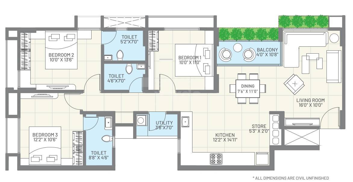 3 BHK 2022 Sq. Ft. Apartment