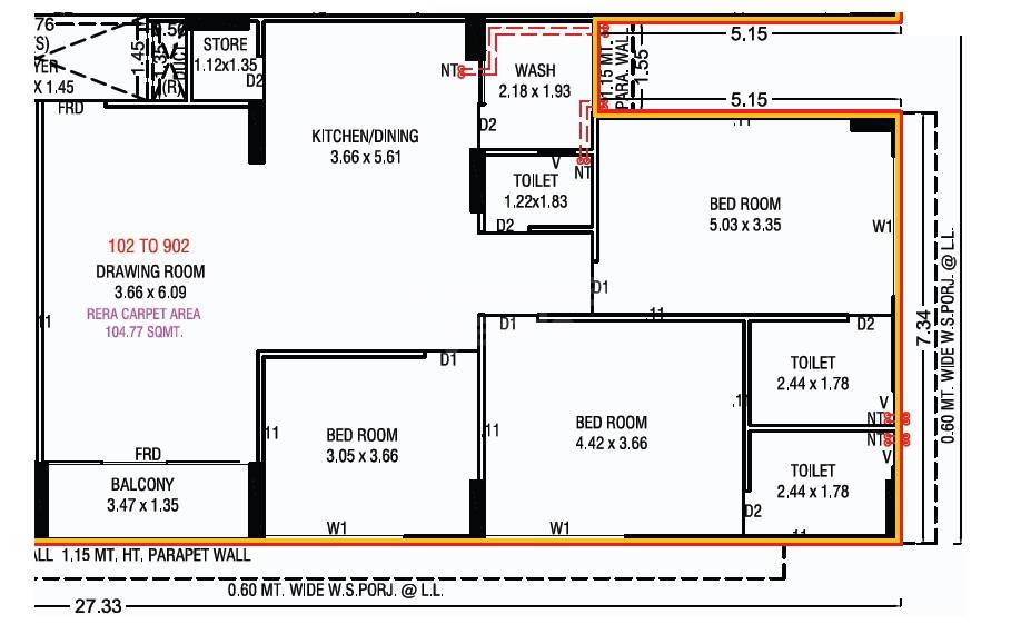 Floor plan of 3 BHK 1128 Sq. Ft. Apartment in Pinak Saffron Valley, Ahmedabad