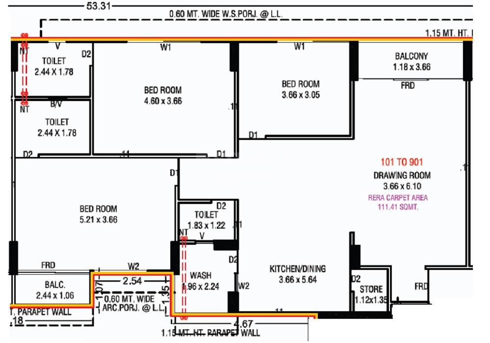 Floor plan of 3 BHK 1199 Sq. Ft. Apartment in Pinak Saffron Valley, Ahmedabad