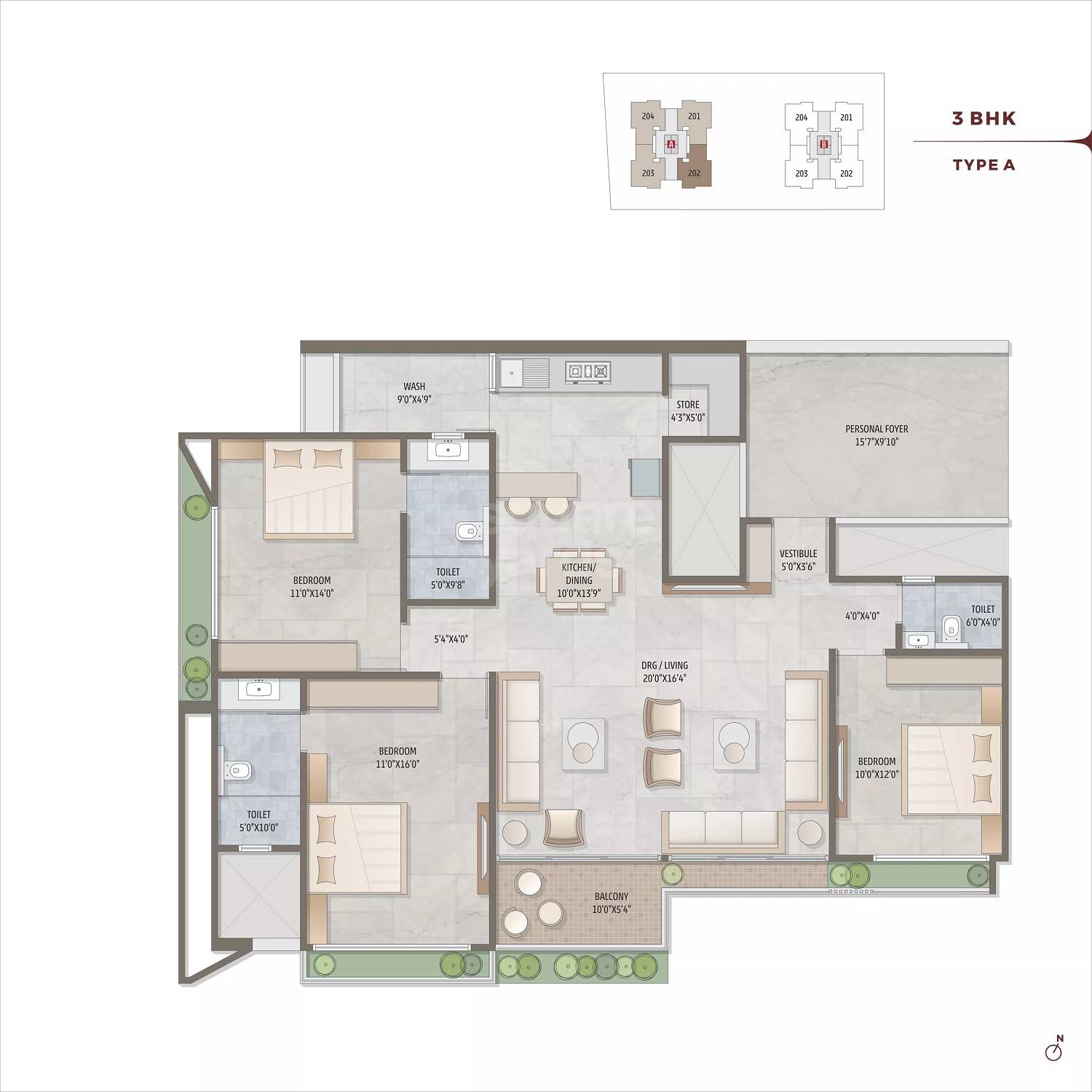 Floor plan of 3 BHK 2511 Sq. Ft. Apartment in Polaris Calice, Ahmedabad