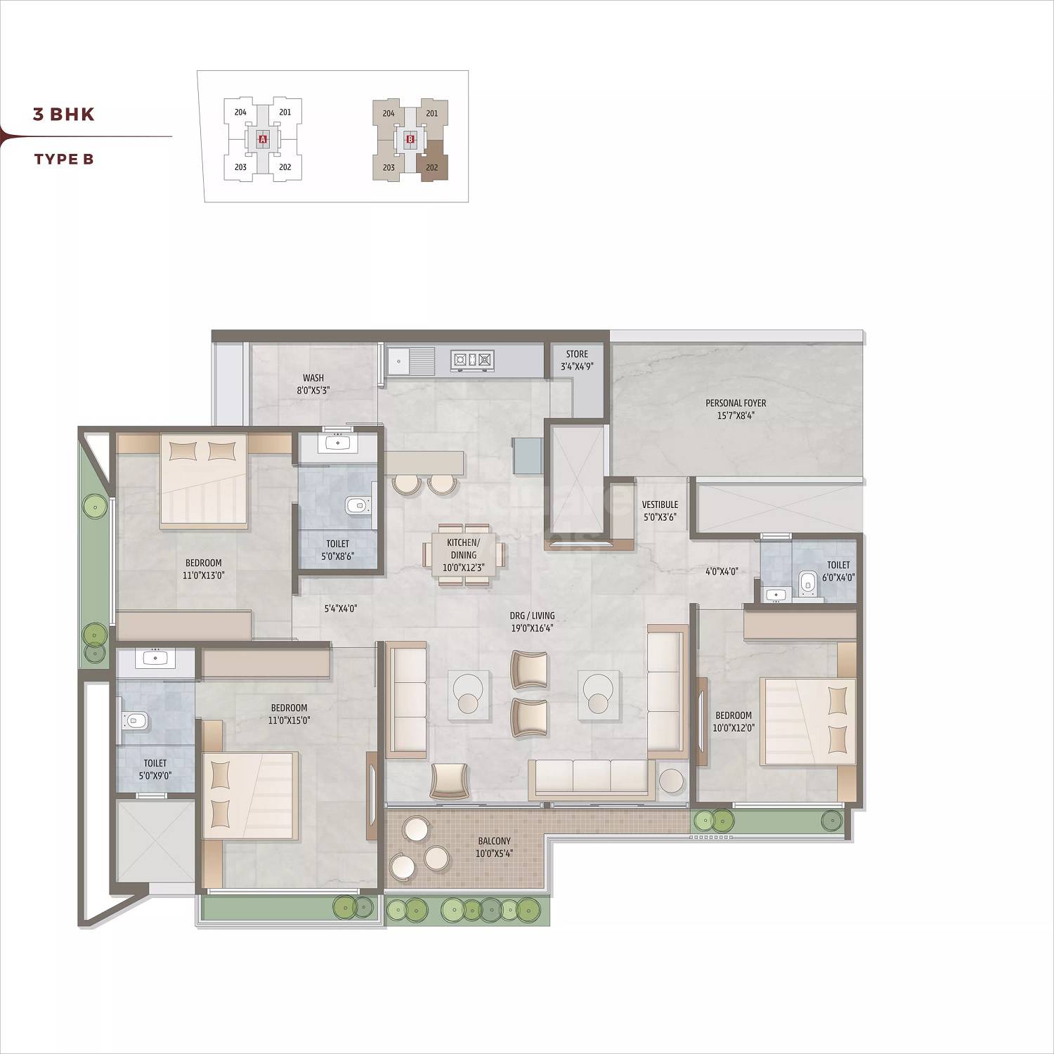 Floor plan of 3 BHK 2655 Sq. Ft. Apartment in Polaris Calice, Ahmedabad