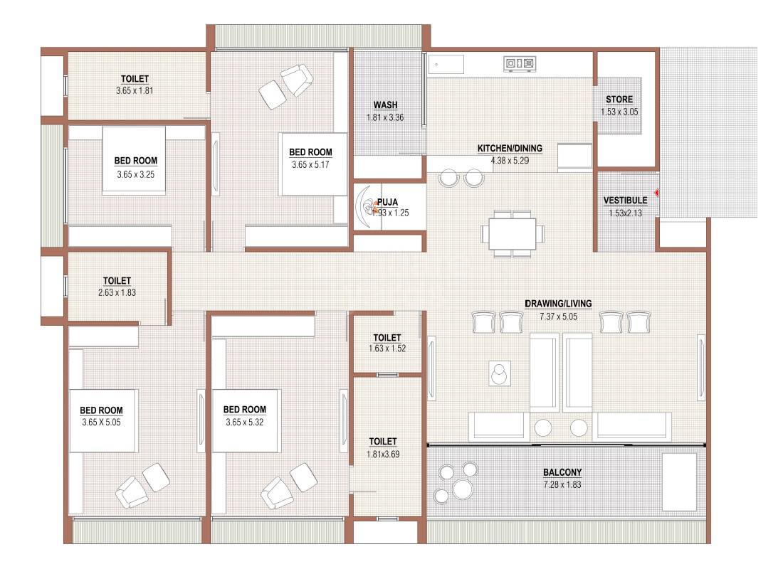 Floor plan of 4 BHK 1938 Sq. Ft. Apartment in Polaris Callisto, Ahmedabad