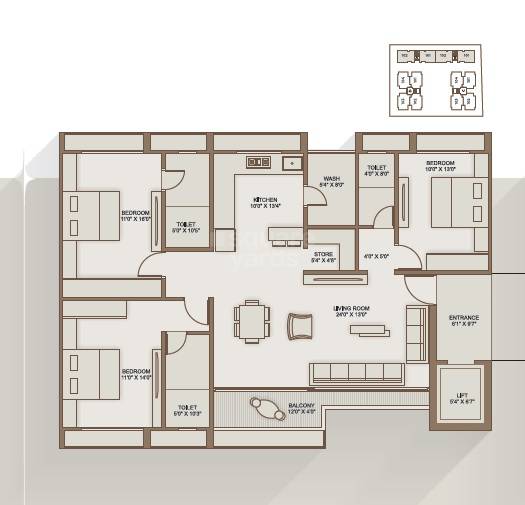 Floor plan of 3 BHK 2484 Sq. Ft. Apartment in Polaris Casarica, Ahmedabad