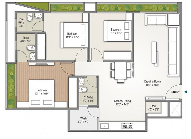 Floor plan of 3 BHK 771 Sq. Ft. Apartment in Polaris Elina, Ahmedabad
