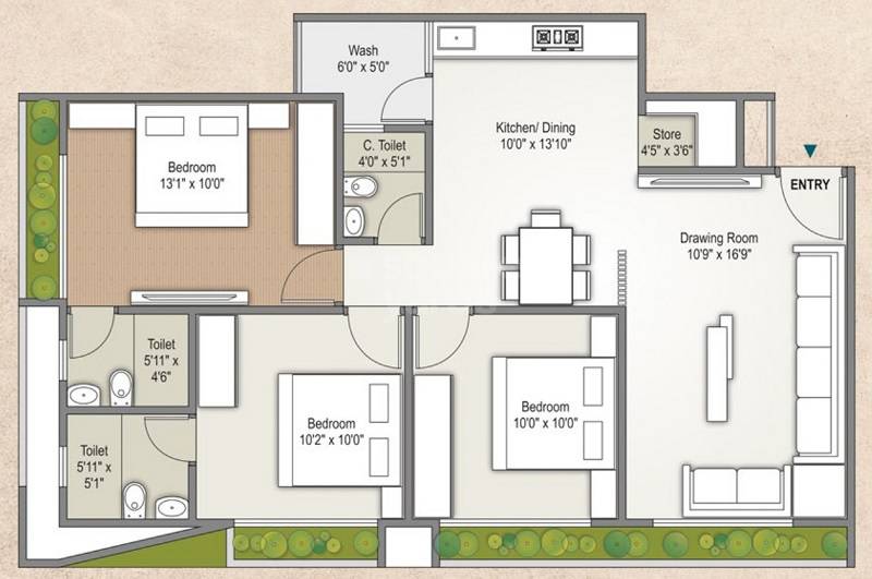 Floor plan of 3 BHK 791 Sq. Ft. Apartment in Polaris Elina, Ahmedabad