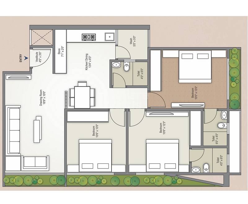 Floor plan of 3 BHK 814 Sq. Ft. Apartment in Polaris Sparsh, Ahmedabad