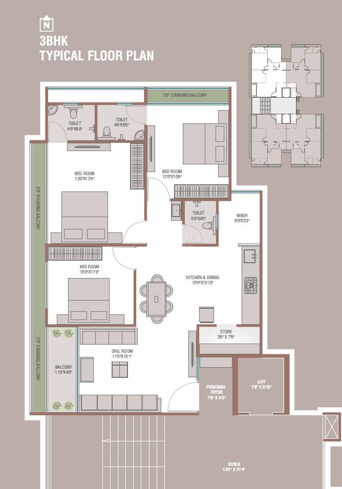 Floor plan of 3 BHK 1899 Sq. Ft. Apartment in Pooja Heights Lambha, Ahmedabad