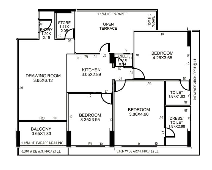 Floor plan of 3 BHK 1089 Sq. Ft. Apartment in Prayasam Residency, Ahmedabad