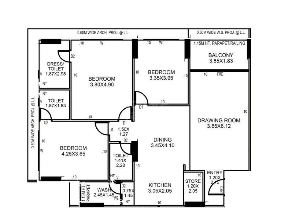 Floor plan of 3 BHK 1235 Sq. Ft. Apartment in Prayasam Residency, Ahmedabad