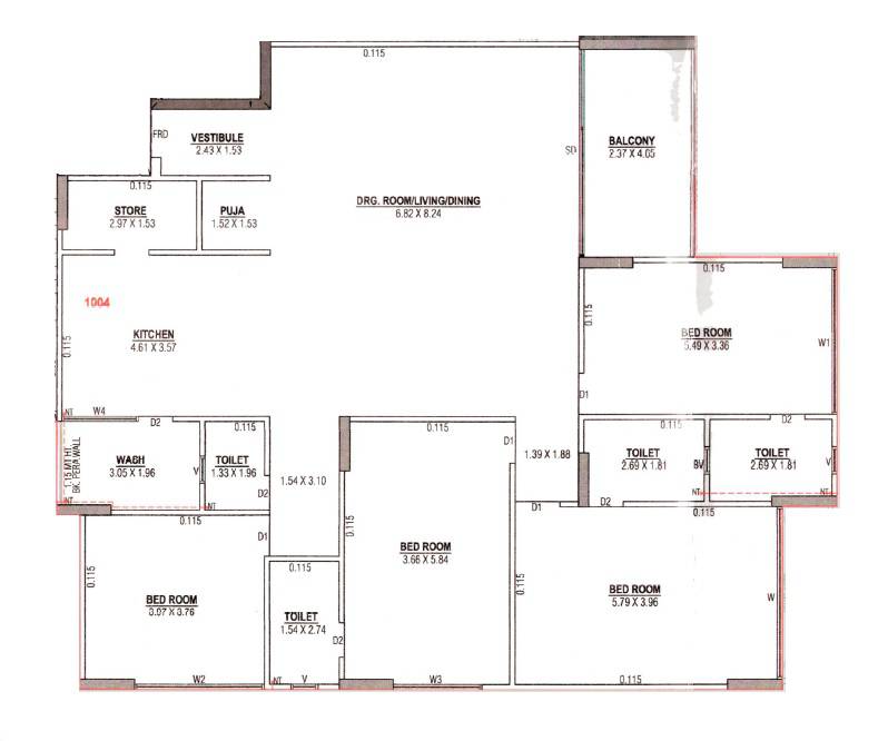 Floor plan of 4 BHK 2072 Sq. Ft. Apartment in Pruthvi The Silicon, Ahmedabad
