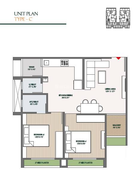 Floor plan of 2 BHK 1098 Sq. Ft. Apartment in PTD Shivansh Ashray, Ahmedabad