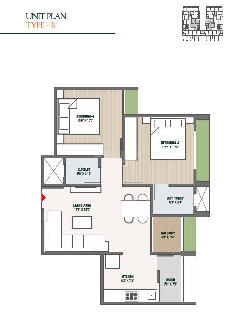 Floor plan of 2 BHK 1170 Sq. Ft. Apartment in PTD Shivansh Ashray, Ahmedabad