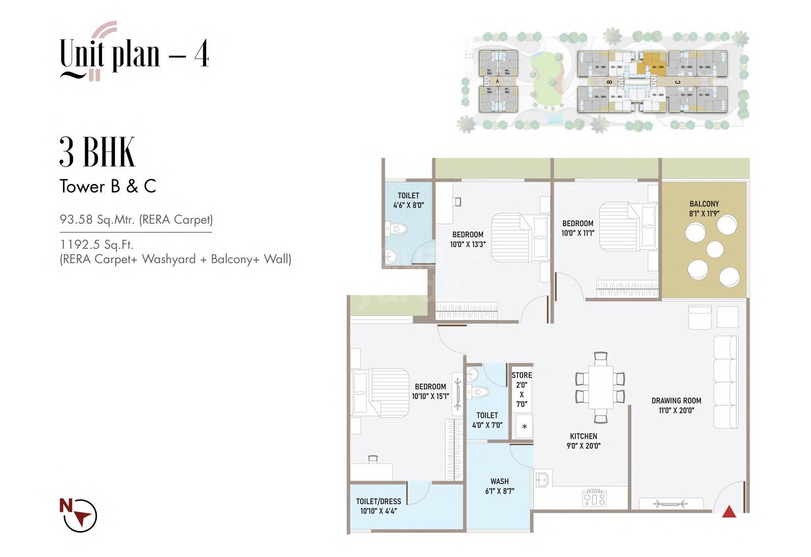 Floor plan of 3 BHK 1192 Sq. Ft. Apartment in Radhe The First, Ahmedabad