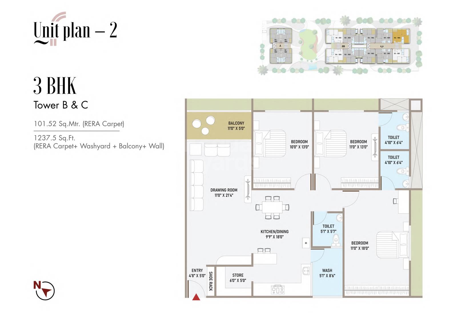 Floor plan of 3 BHK 1237 Sq. Ft. Apartment in Radhe The First, Ahmedabad