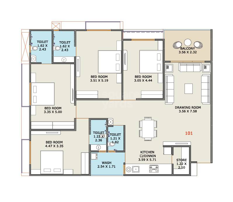 Floor plan of 4 BHK 1444 Sq. Ft. Apartment in Raghunandan Radhe Atlantis, Ahmedabad