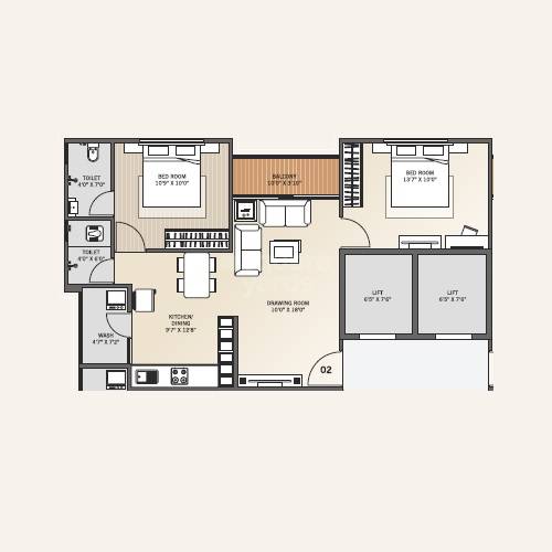 Floor plan of 2 BHK 618 Sq. Ft. Apartment in Raghuvir Aryaman Kalpvruksh, Ahmedabad