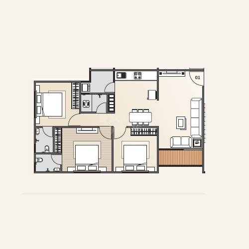 Floor plan of 3 BHK 757 Sq. Ft. Apartment in Raghuvir Aryaman Kalpvruksh, Ahmedabad