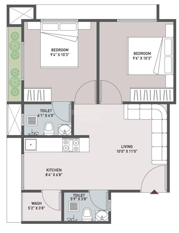 Floor plan of 2 BHK 891 Sq. Ft. Apartment in Raghvani Jineshwar Heights, Ahmedabad