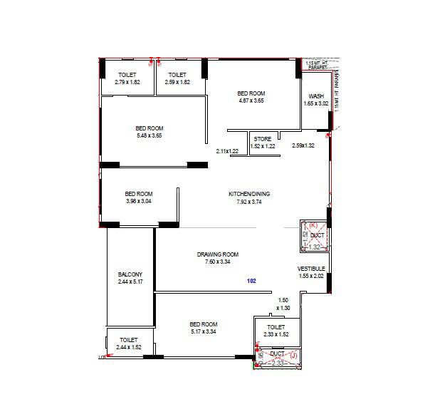 Floor plan of 4 BHK Apartment - 1727 sq. ft. in Rah Girivar Empire, Ahmedabad
