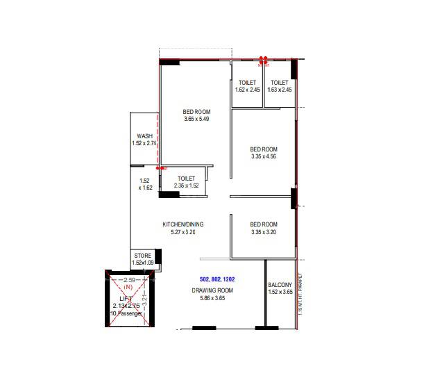 Floor plan of 3 BHK Apartment - 1218 sq. ft. in Rah Girivar Empire, Ahmedabad
