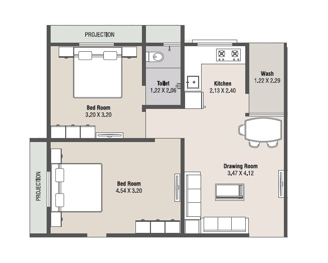 Floor plan of 2 BHK 639 Sq. Ft. Apartment in Rajendra Hammash Residency, Ahmedabad