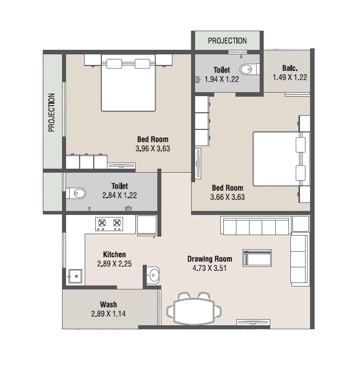 Floor plan of 2 BHK 659 Sq. Ft. Apartment in Rajendra Hammash Residency, Ahmedabad