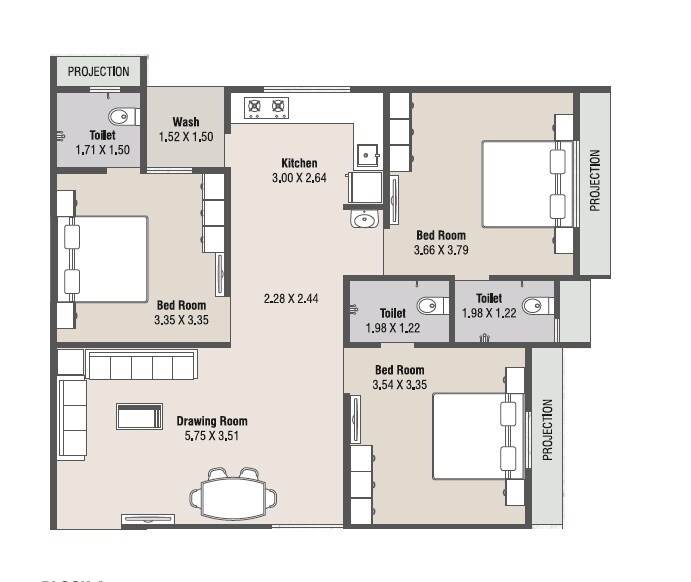 Floor plan of 3 BHK 887 Sq. Ft. Apartment in Rajendra Hammash Residency, Ahmedabad