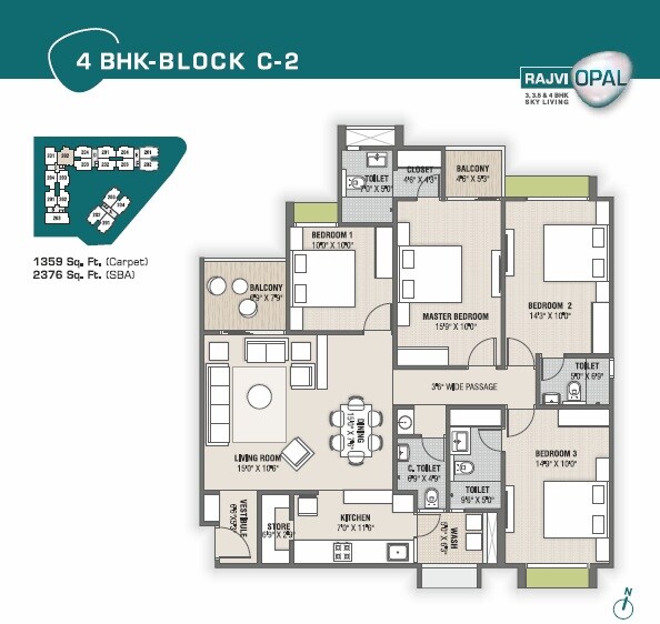 Floor plan of 4 BHK 2376 Sq. Ft. Apartment in Rajvi Opal, Ahmedabad