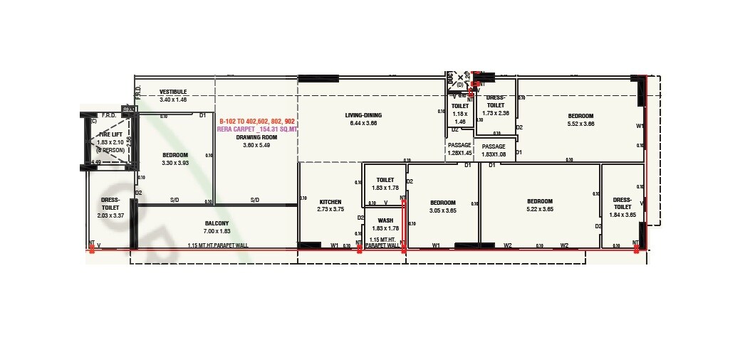 Floor plan of 4 BHK 1661 Sq. Ft. Apartment in Rajyash Richmond 3, Ahmedabad