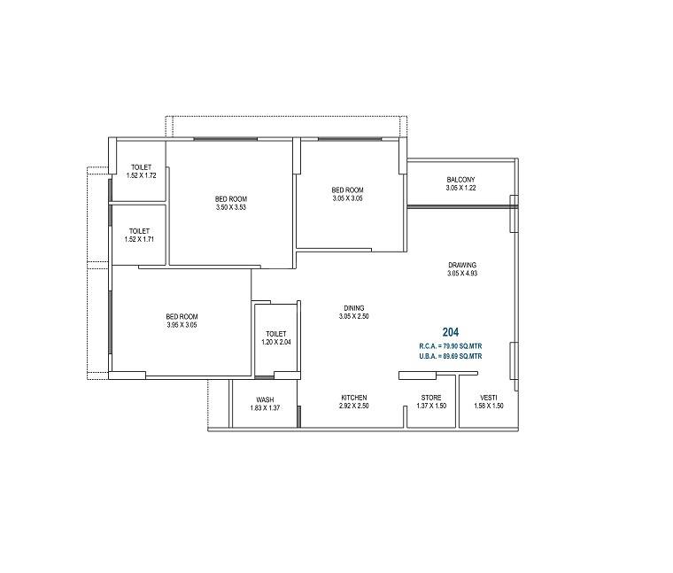 Floor plan of 3 BHK 860 Sq. Ft. Apartment in Ralsi 130, Ahmedabad