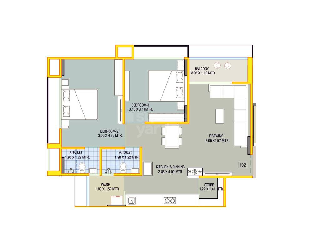 Floor plan of 2 BHK 629 Sq. Ft. Apartment in Ramdev Ganesh Green, Ahmedabad