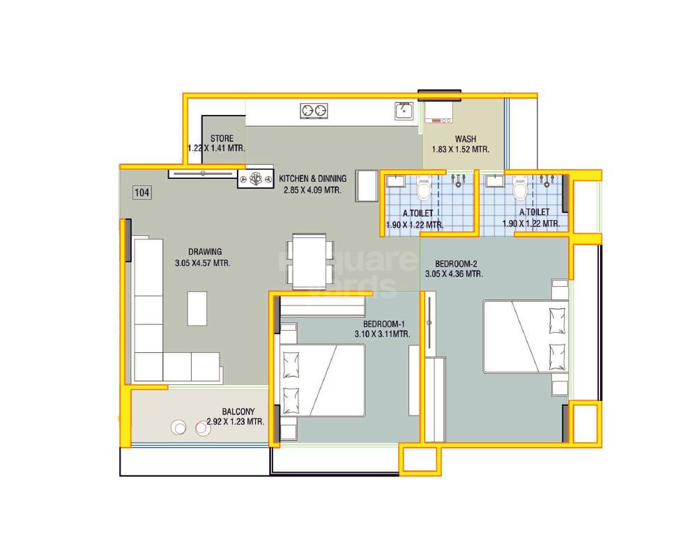 Floor plan of 2 BHK 643 Sq. Ft. Apartment in Ramdev Ganesh Green, Ahmedabad
