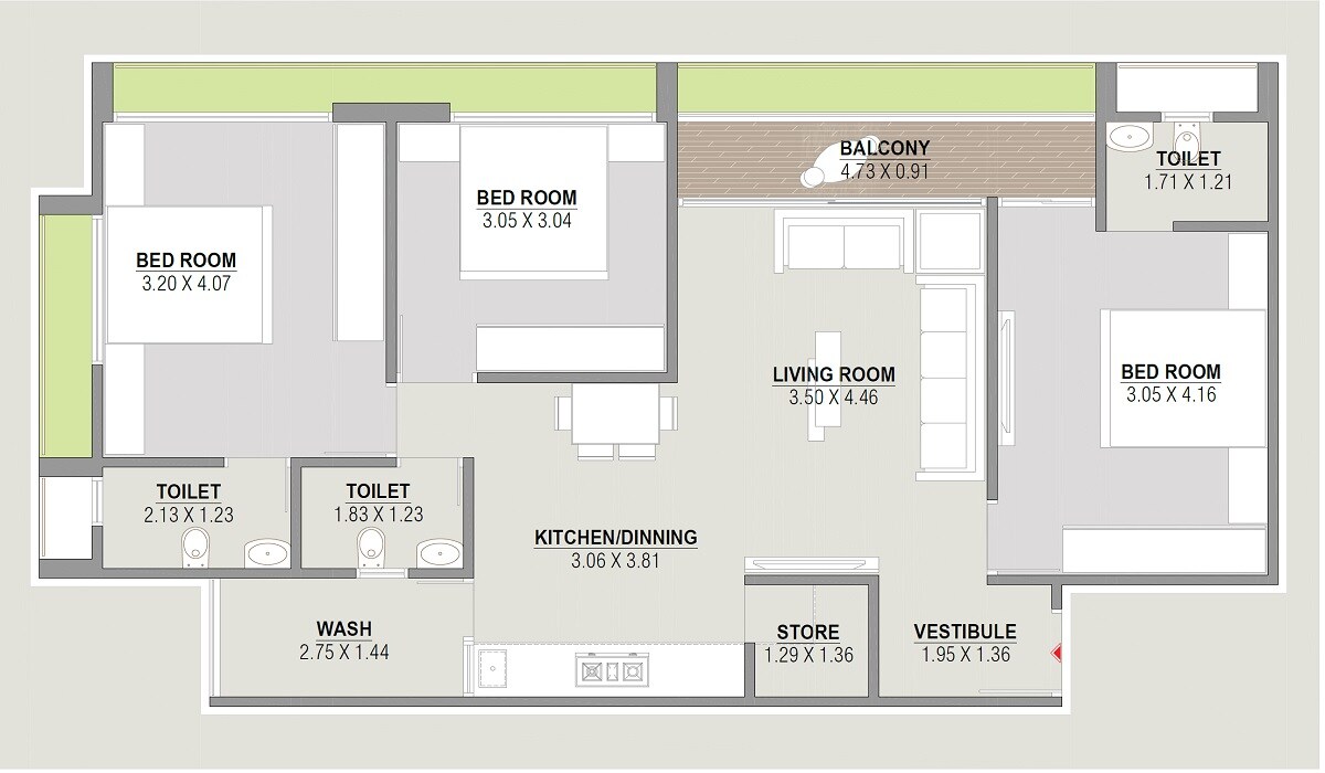 Floor plan of 3 BHK 836 Sq. Ft. Apartment in Ramesht Vraj Vihar, Ahmedabad