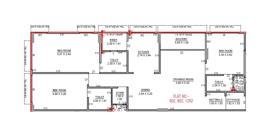 Floor plan of 3 BHK 1634 Sq. Ft. Apartment in Ratnanjali Elysium, Ahmedabad