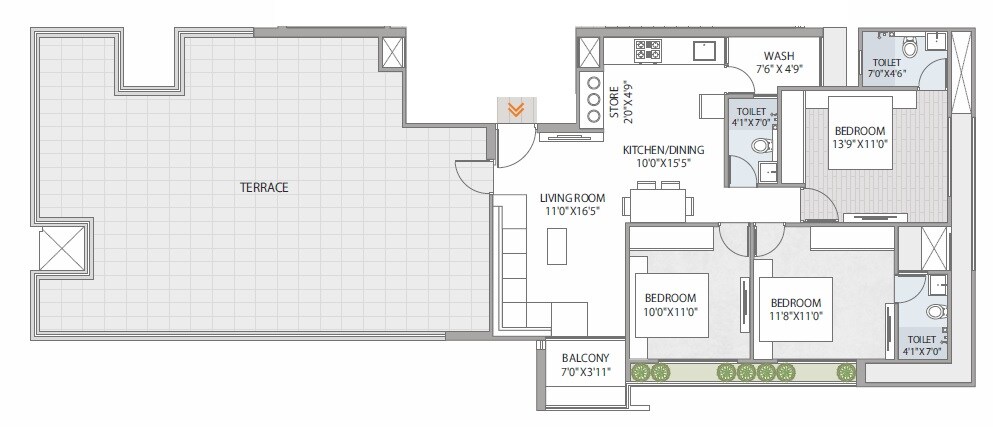 Floor plan of 3 BHK 1800 Sq. Ft. Apartment in Redbricks Royal Opulence, Ahmedabad