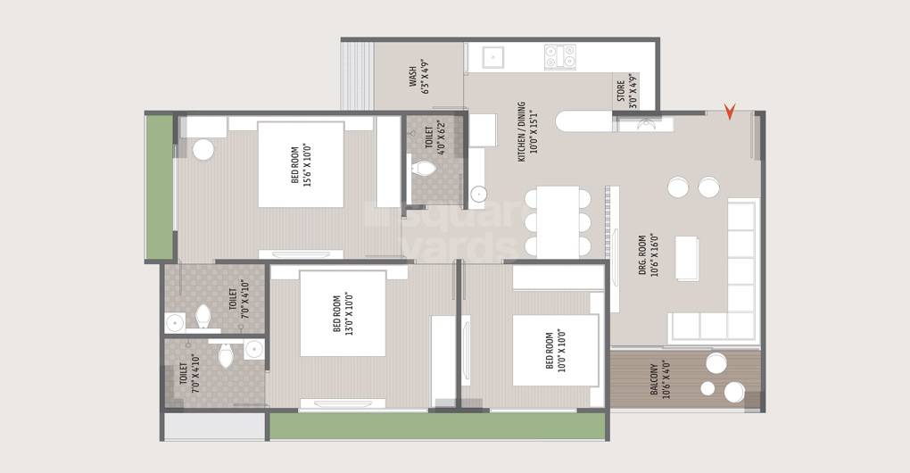 Floor plan of 3 BHK 1761 Sq. Ft. Apartment in Rhythm Aura, Ahmedabad
