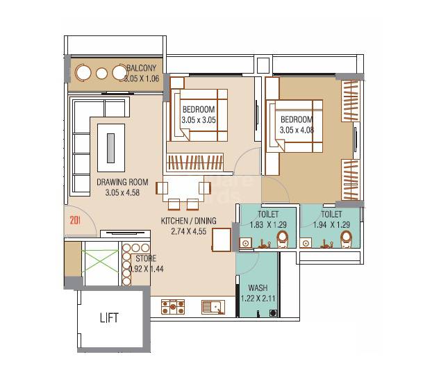 Floor plan of 2 BHK 615 Sq. Ft. Apartment in Ridham Karnavati Apartment 7, Ahmedabad