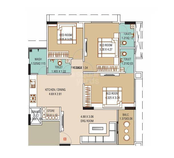Floor plan of 3 BHK 819 Sq. Ft. Apartment in Ridham Karnavati Apartment 7, Ahmedabad