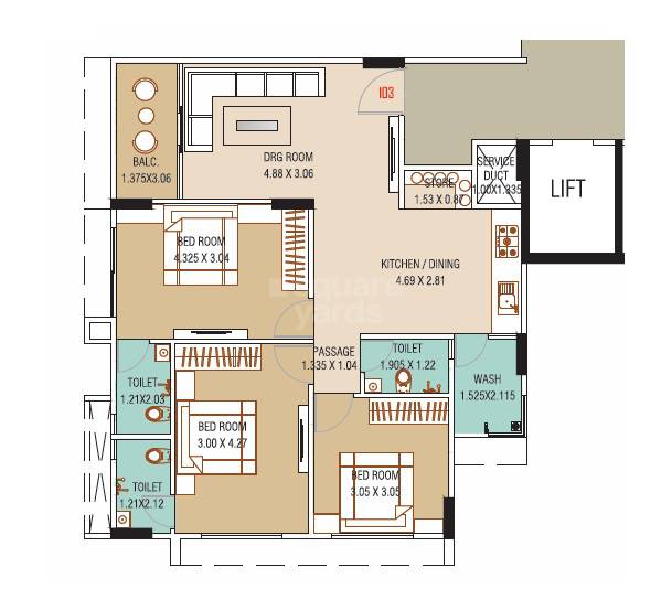 Floor plan of 3 BHK 847 Sq. Ft. Apartment in Ridham Karnavati Apartment 7, Ahmedabad