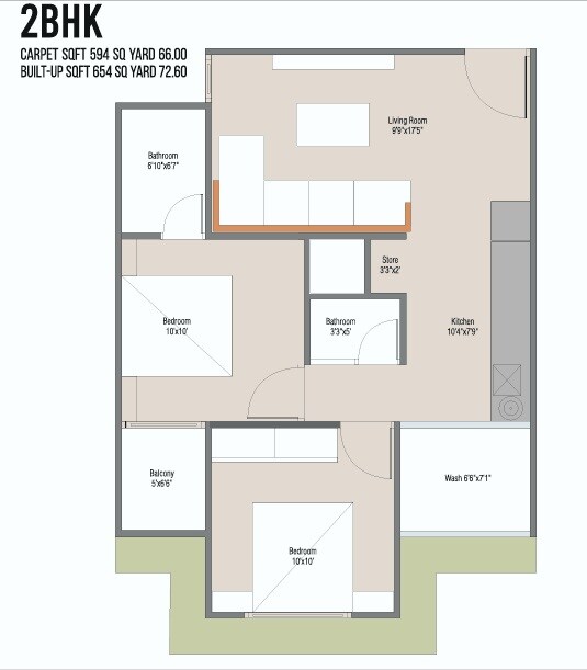 Floor plan of 2 BHK 594 Sq. Ft. Apartment in RMG Swastik Atharv, Ahmedabad