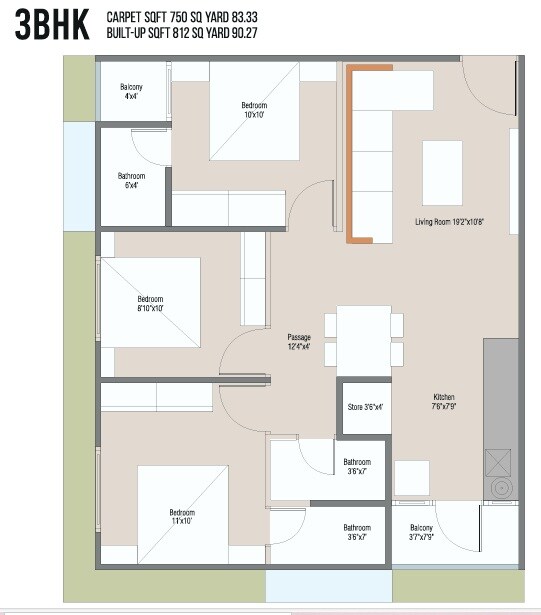 Floor plan of 3 BHK 750 Sq. Ft. Apartment in RMG Swastik Atharv, Ahmedabad