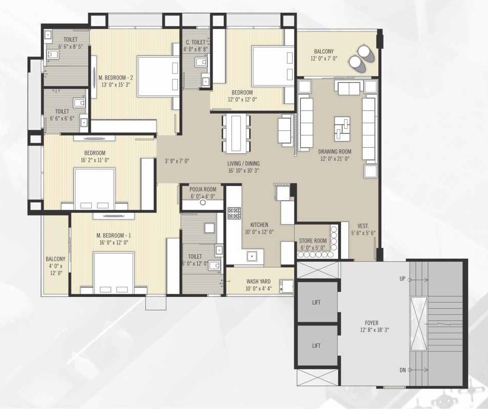 Floor plan of 4 BHK 3013 Sq. Ft. Apartment in Roots Aarav Arise, Ahmedabad