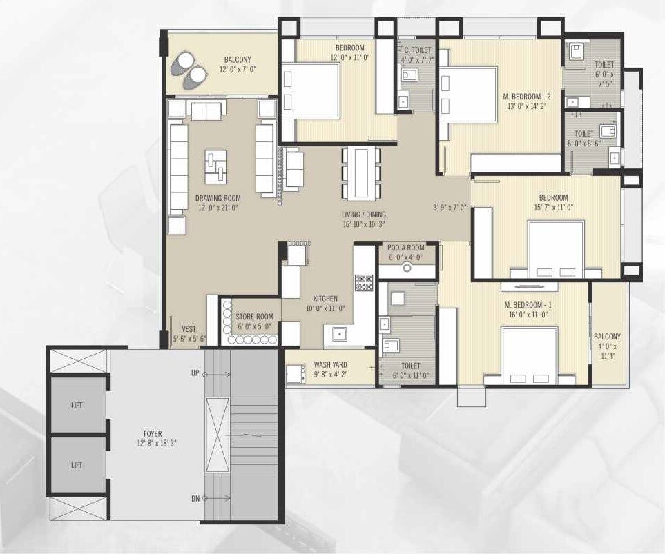 Floor plan of 4 BHK 3165 Sq. Ft. Apartment in Roots Aarav Arise, Ahmedabad