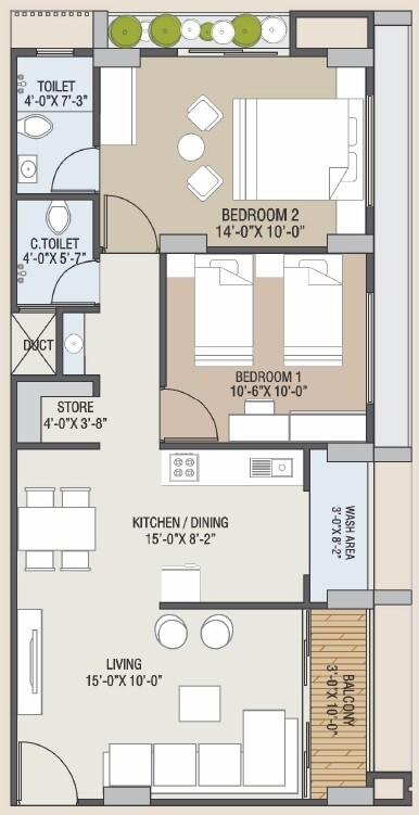 Floor plan of 2 BHK 656 Sq. Ft. Apartment in Royal Lakend, Ahmedabad