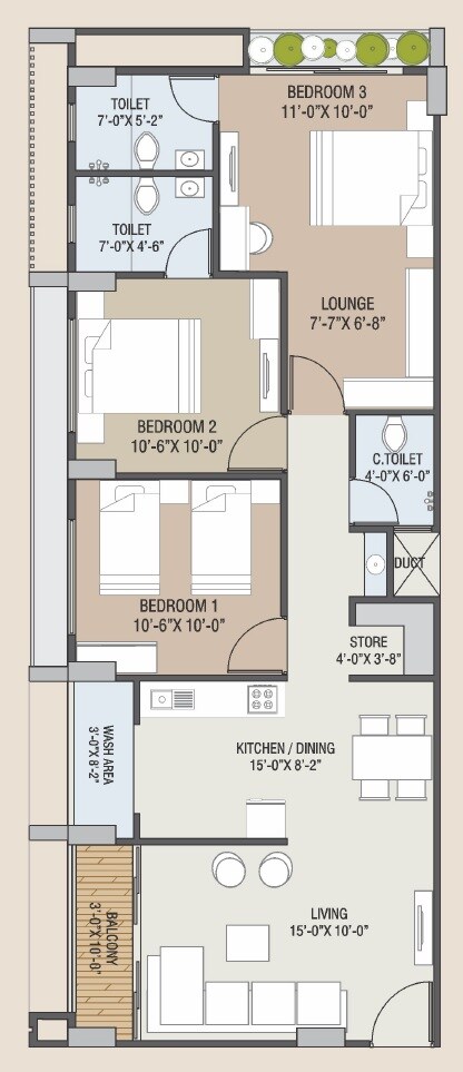 Floor plan of 3 BHK 848 Sq. Ft. Apartment in Royal Lakend, Ahmedabad