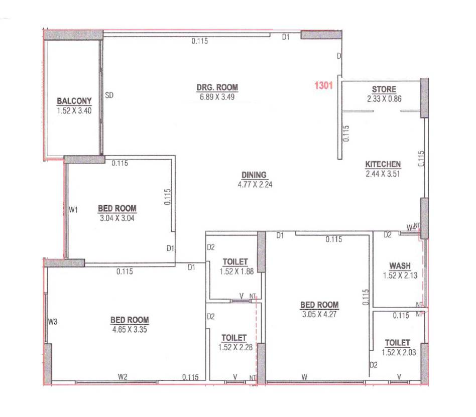 Floor plan of 3 BHK 2394 Sq. Ft. Apartment in Royal Rosevill Regius, Ahmedabad