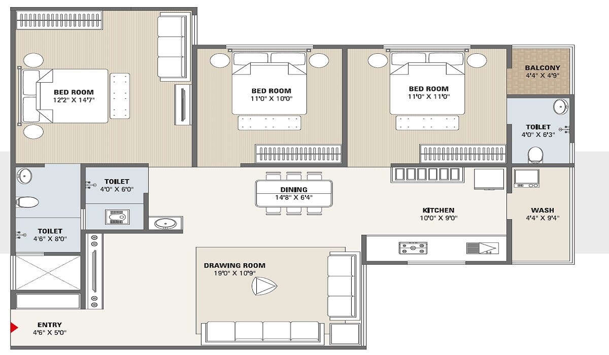 Floor plan of 3 BHK 2160 Sq. Ft. Apartment in Royal Rudraksha, Ahmedabad