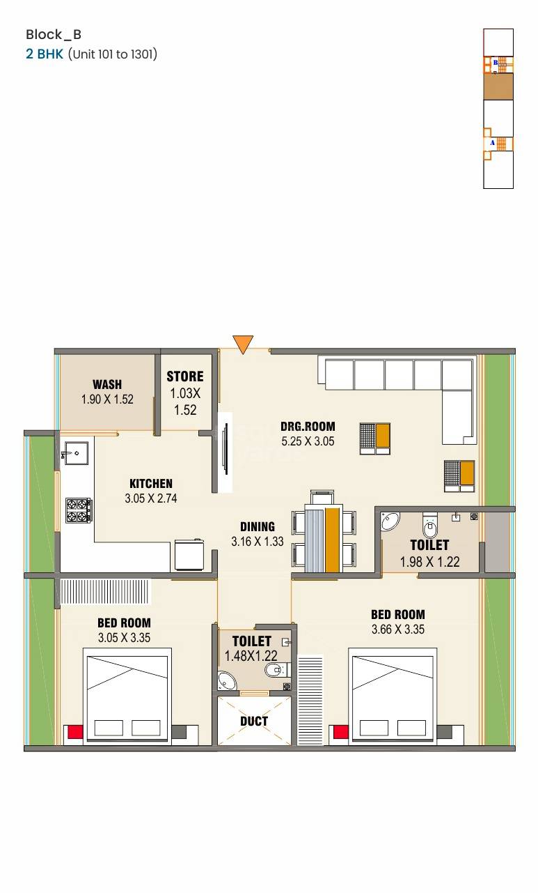 Floor plan of 2 BHK 659 Sq. Ft. Apartment in RR Alaska Skyview, Ahmedabad